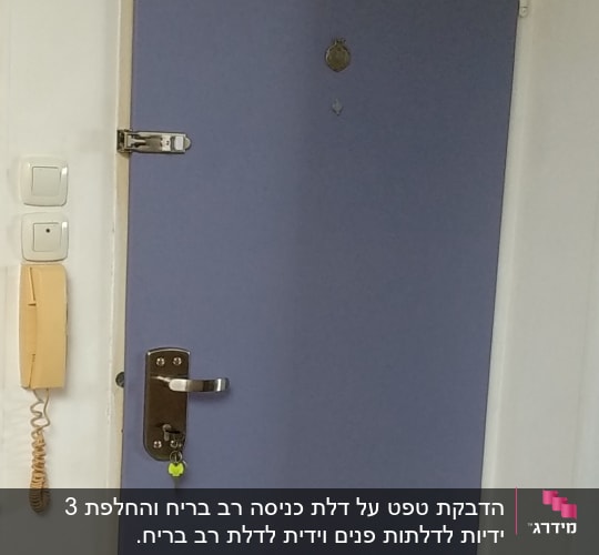 דלת מתכת כחולה עם מנעול ובריח כסוף